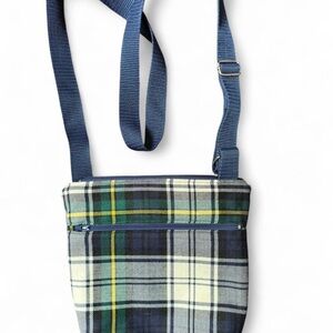 Blue and green plaid crossbody bag, adjustable strap, polka dot lining.